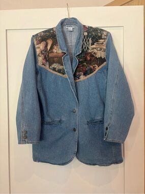 Vintage Denim Jacket with Tapestry Yoke w/ shoulder pads